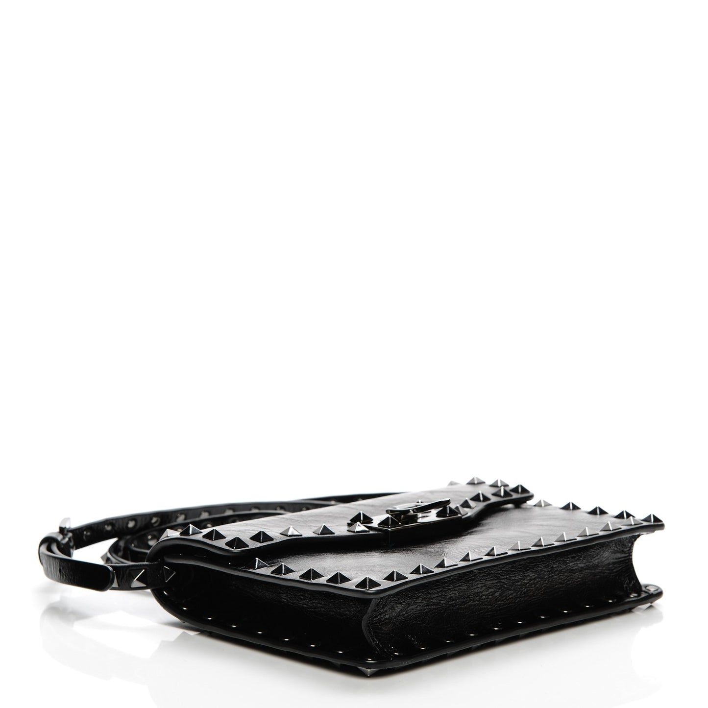 Craquele Calfskin Rockstud Shoulder Flap Bag Black