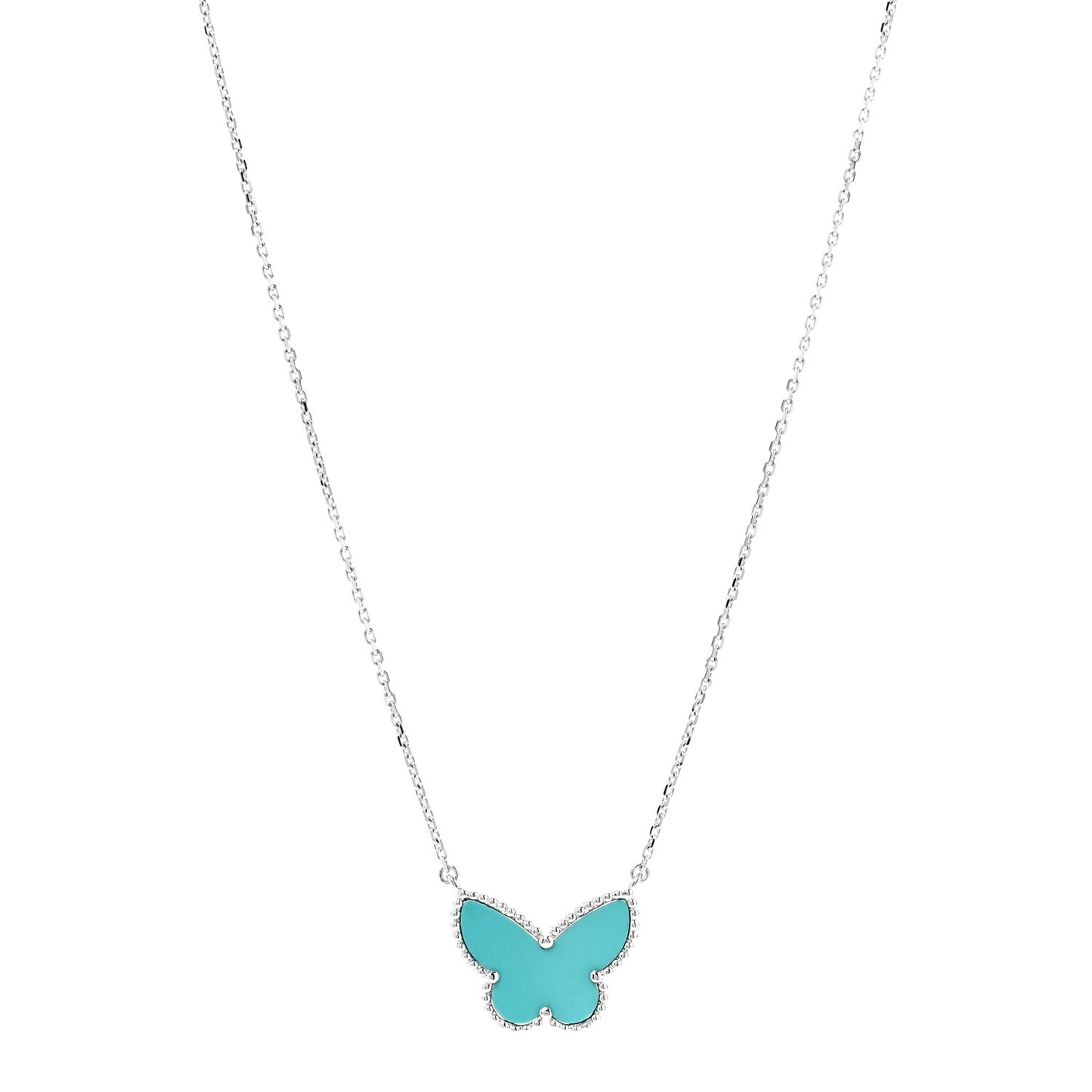 18K White Gold Turquoise Lucky Alhambra Butterfly Pendant Necklace