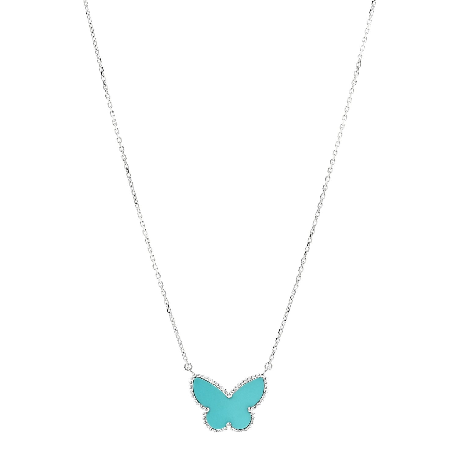 Van Cleef & Arpels 18K White Gold Turquoise Lucky Alhambra Butterfly Pendant Necklace 1 of 6