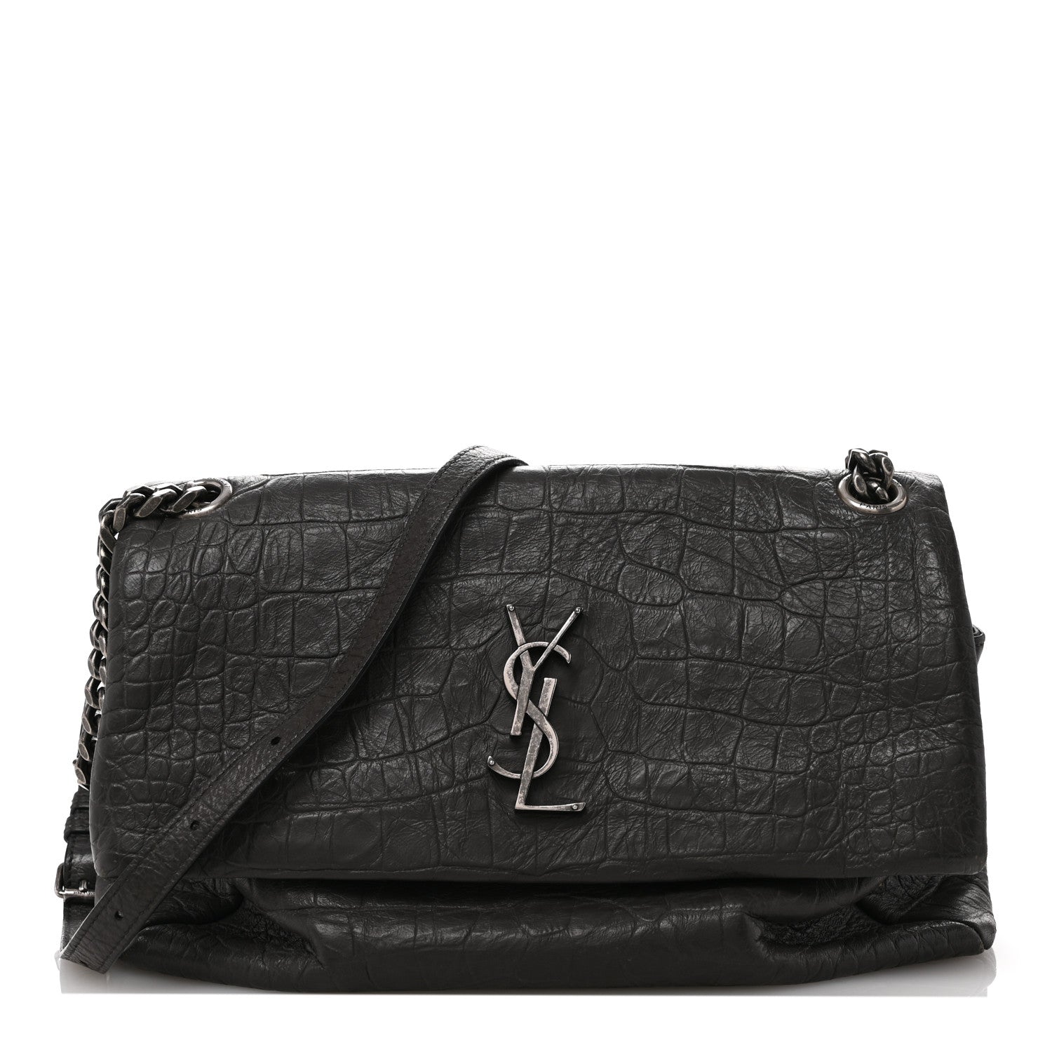 Saint Laurent Calfskin Crocodile Embossed Medium West Hollywood Monogram Fold-Over Grey 1 of 12