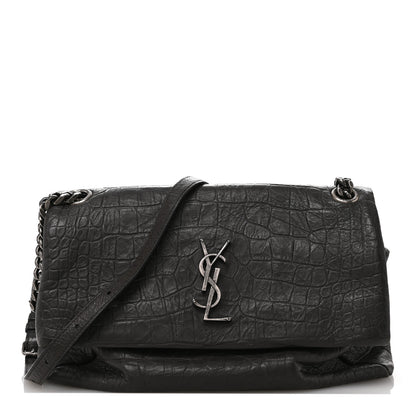 Saint Laurent Calfskin Crocodile Embossed Medium West Hollywood Monogram Fold-Over Grey 1 of 12