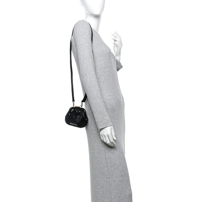 Balenciaga Shiny Supple Calfskin Logo Crocodile Embossed Cloud Coin Purse With Strap Black White 2 of 10