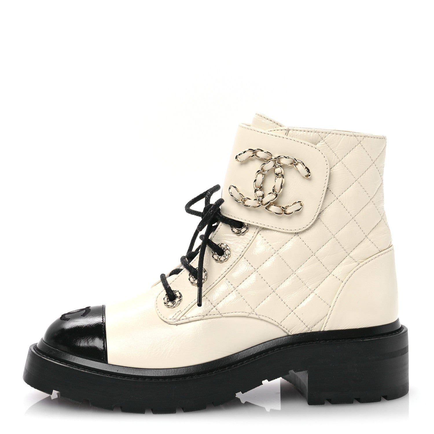 Chanel Shiny Lambskin Quilted Lace Up Combat Boots 36 White Black 1 of 9