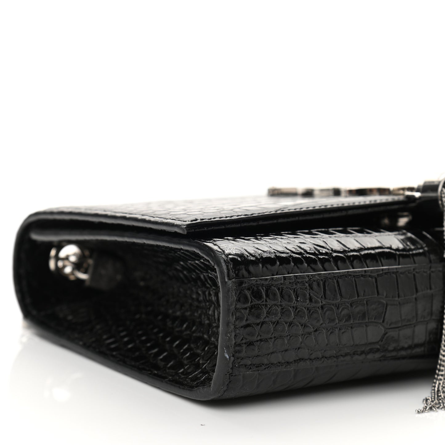 Calfskin Crocodile Embossed Small Classic Monogram Kate Tassel Satchel Black