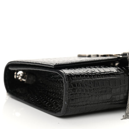Saint Laurent Calfskin Crocodile Embossed Small Classic Monogram Kate Tassel Satchel Black 8 of 9