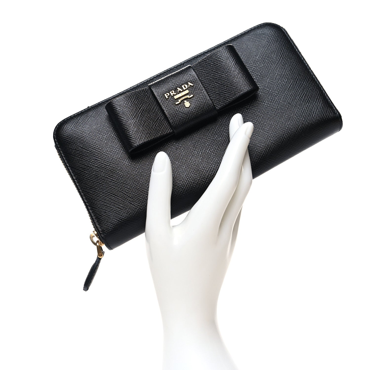Prada Saffiano Fiocco Bow Zip Around Wallet Black 2 of 10