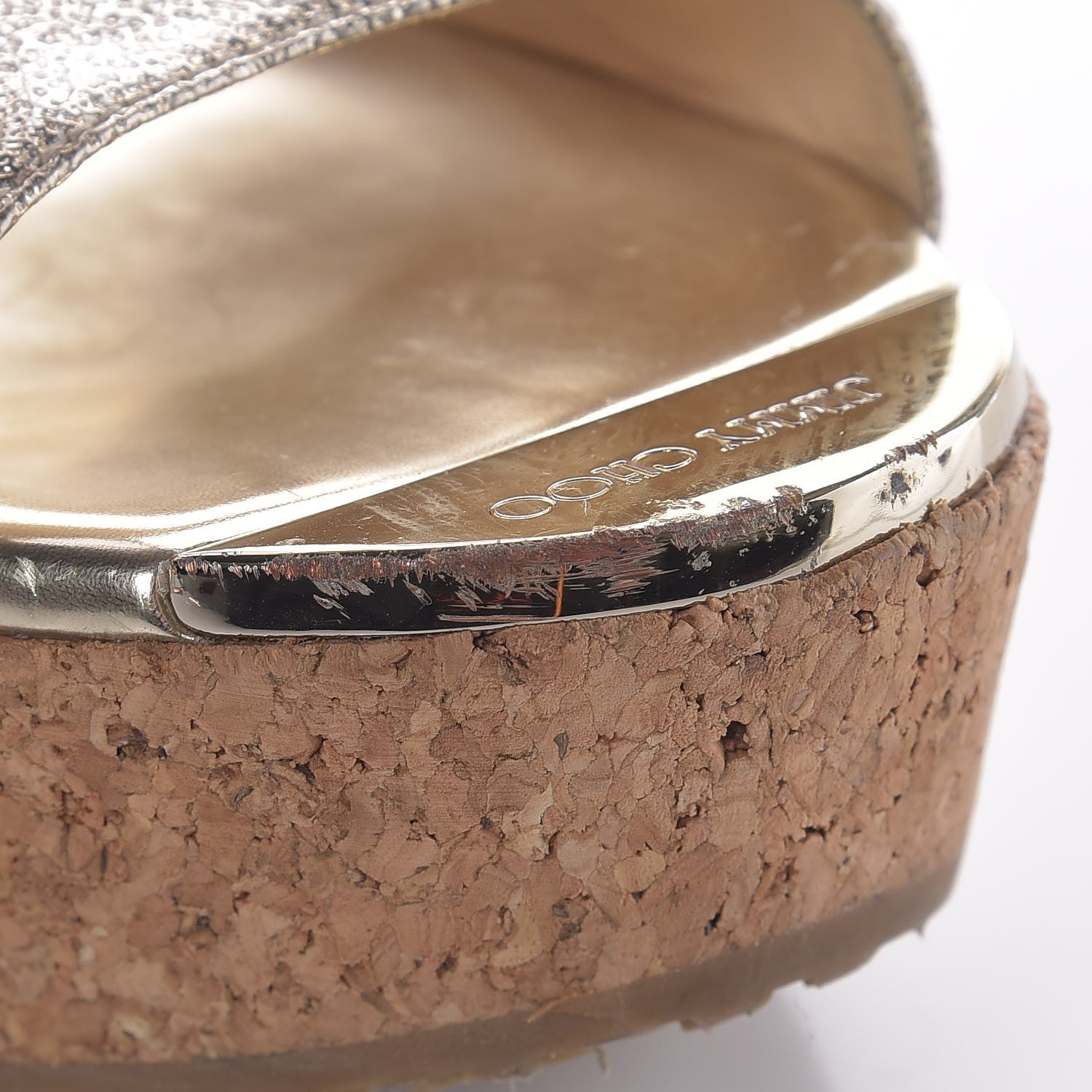Jimmy Choo Metallic Crushed Patent Cork Pela Wedge T Strap Sandals 41 Gold 12 of 12
