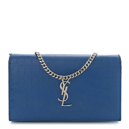 Saint Laurent Calfskin Crocodile Embossed Monogram Chain Wallet Royal Blue 1 of 18