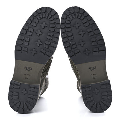 Fendi Vitello Stretch Fabric 3D FF Croc Embossed Womens Combat Boots 37.5 Illinois Oliva 5 of 8