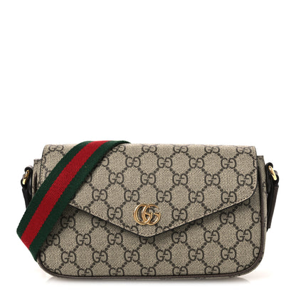 Gucci GG Supreme Monogram Textured Dollar Calfskin Web Mini Ophidia Envelope Shoulder Bag Beige Ebony New Acero 1 of 11