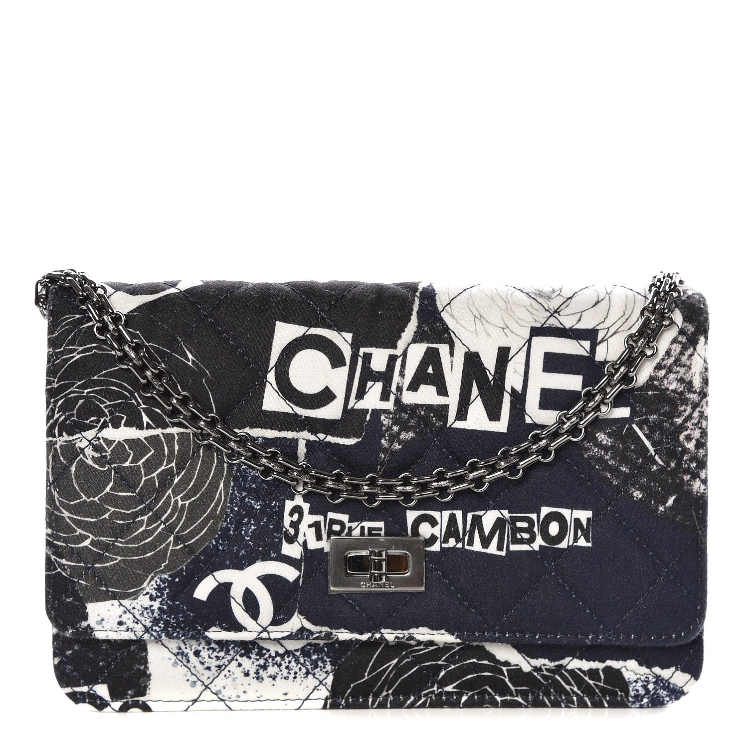 Chanel Canvas Printed Quilted 2.55 Reissue Wallet On Chain WOC White Black Navy Blue 1 of 14