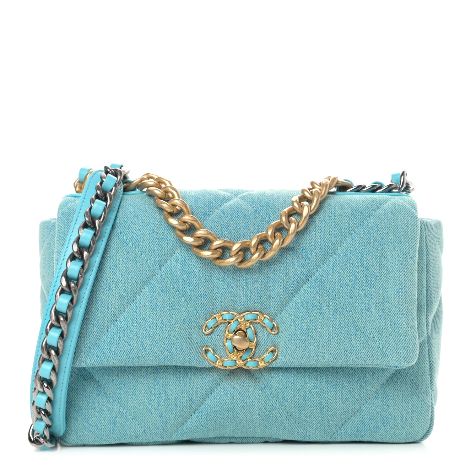 Chanel Denim Quilted Medium Chanel 19 Flap Neon Blue 2 of 9