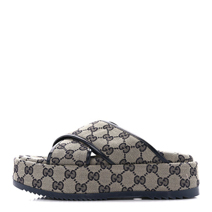 Gucci Monogram Criss Cross Platform Slide Sandals 37 Beige Blue 1 of 9