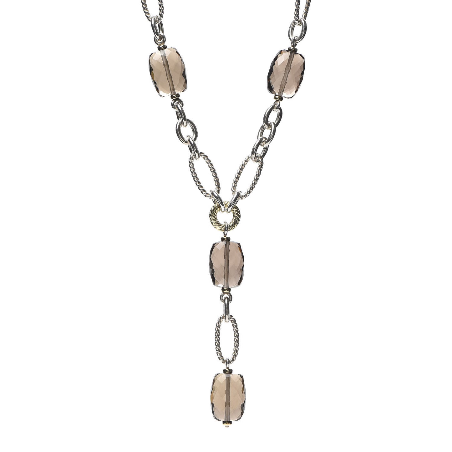 Sterling Silver 18K Yellow Gold Smoky Quartz Figaro Link Pendant Necklace