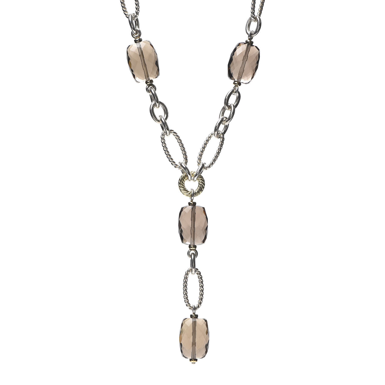 David Yurman Sterling Silver 18K Yellow Gold Smoky Quartz Figaro Link Pendant Necklace 1 of 5