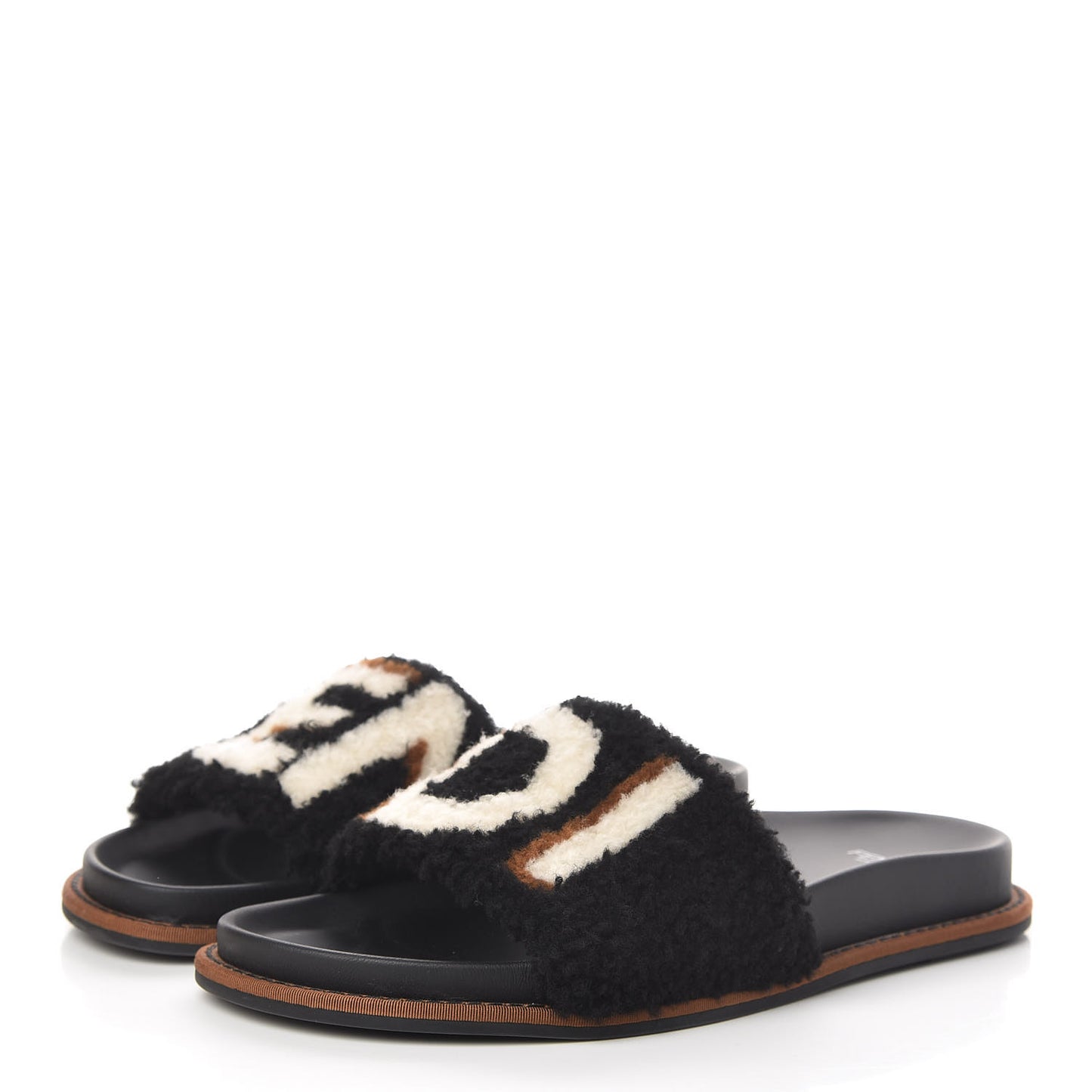 Shearling Logo Slide Sandals 39 Black Latte Brownie