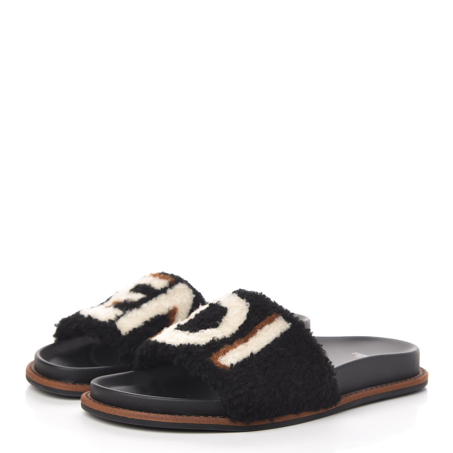 Fendi Shearling Logo Slide Sandals 39 Black Latte Brownie 3 of 11