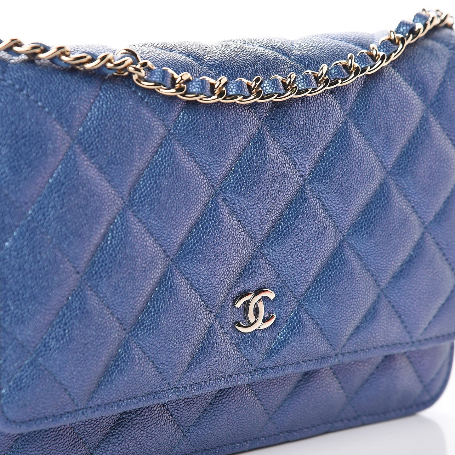 Iridescent Caviar Quilted Wallet On Chain WOC Dark Blue