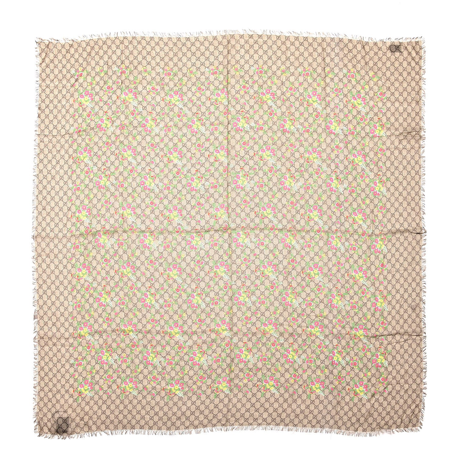 Gucci Modal Silk GG Monogram Velvet Bouquet GG Square Shawl Beige Pink 1 of 5
