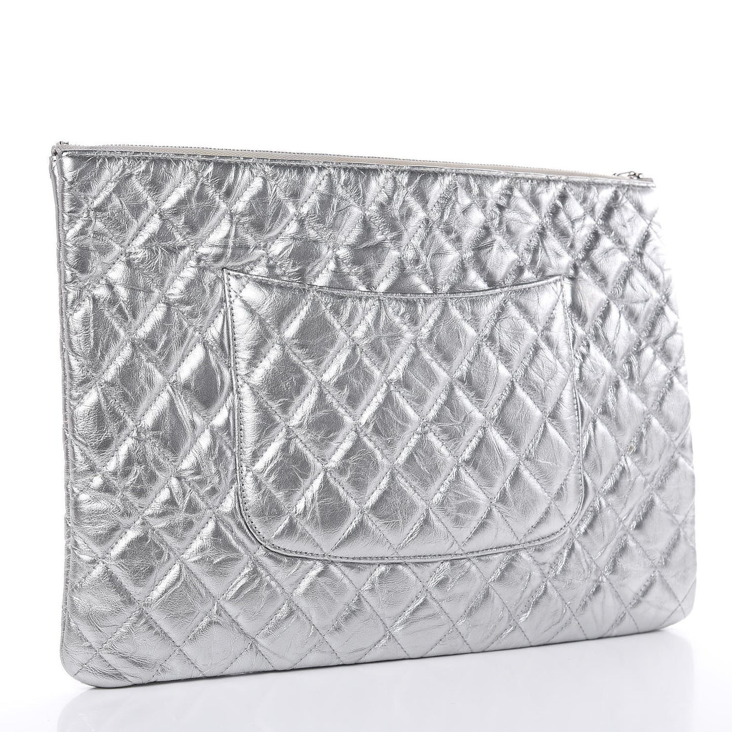 Metallic Calfskin Quilted Large Cosmo Cosmetic Case Silver
