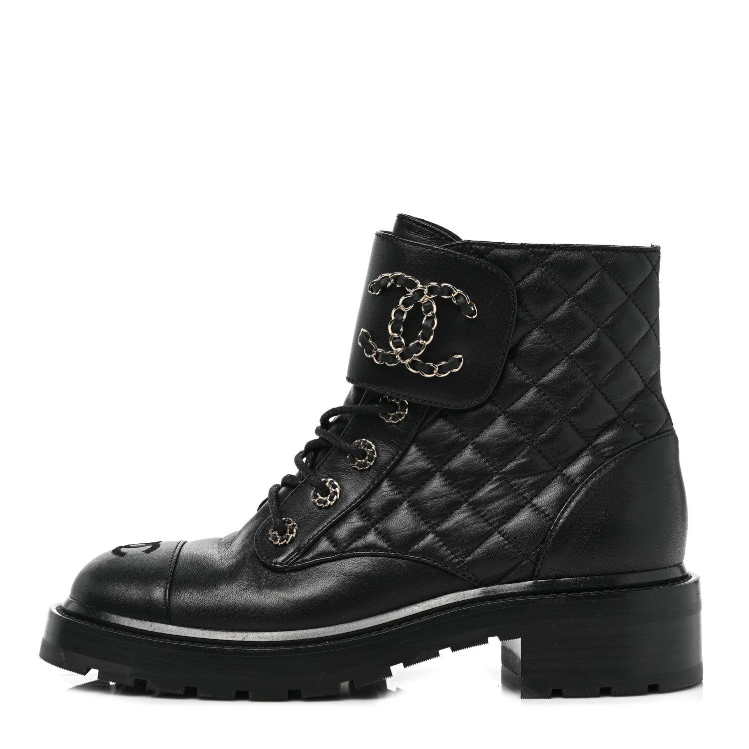Chanel Shiny Goatskin Calfskin Quilted Lace Up Combat Boots 39 Black 1 of 9