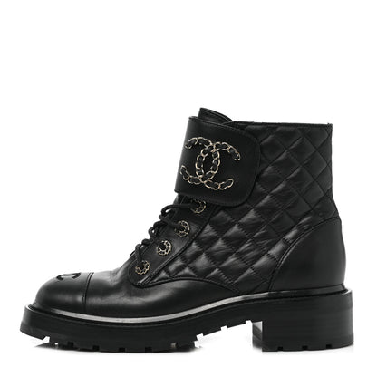 Chanel Shiny Goatskin Calfskin Quilted Lace Up Combat Boots 39 Black 1 of 9