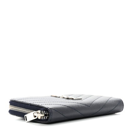 Saint Laurent Grain De Poudre Matelasse Chevron Monogram Small Zip Around Wallet Deep Marine 4 of 7