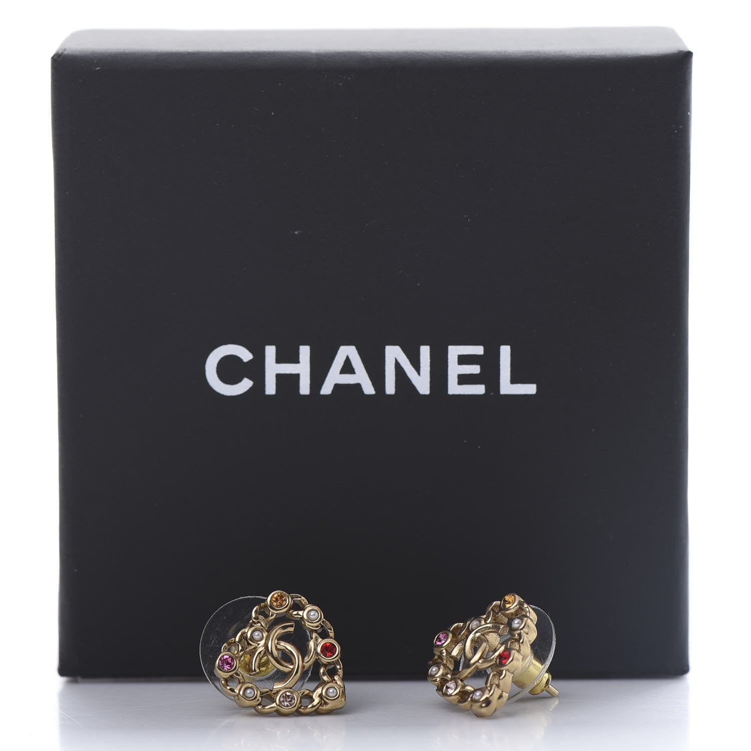 Chanel Pearl Crystal CC Heart Earrings Gold Multicolor 5 of 5