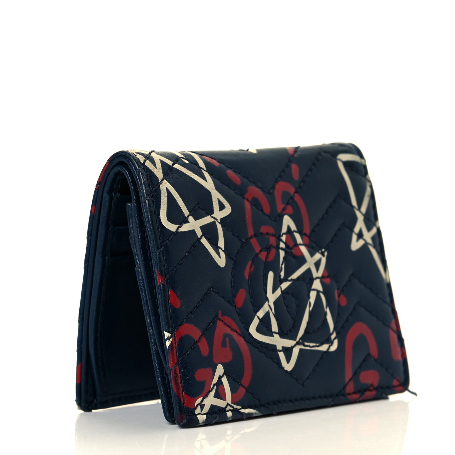 Calfskin Matelasse GucciGhost GG Marmont Card Case Blue Agata Hibiscus Red