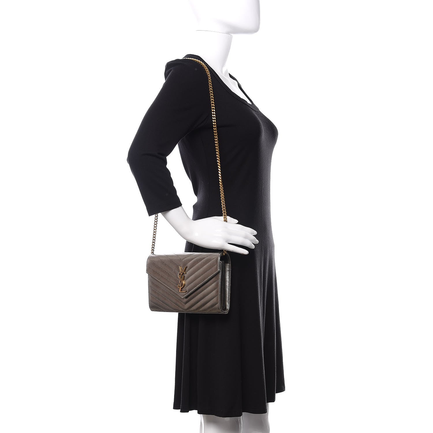 Saint Laurent Metallic Grain De Poudre Matelasse Chevron Monogram Chain Wallet Piombo 2 of 12