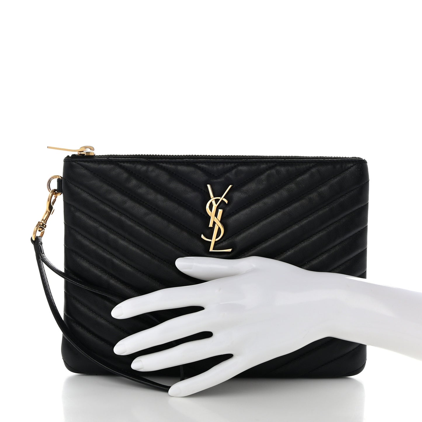 SAINT LAURENT Calfskin Matelasse Chevron Monogram A5 Wristlet Black