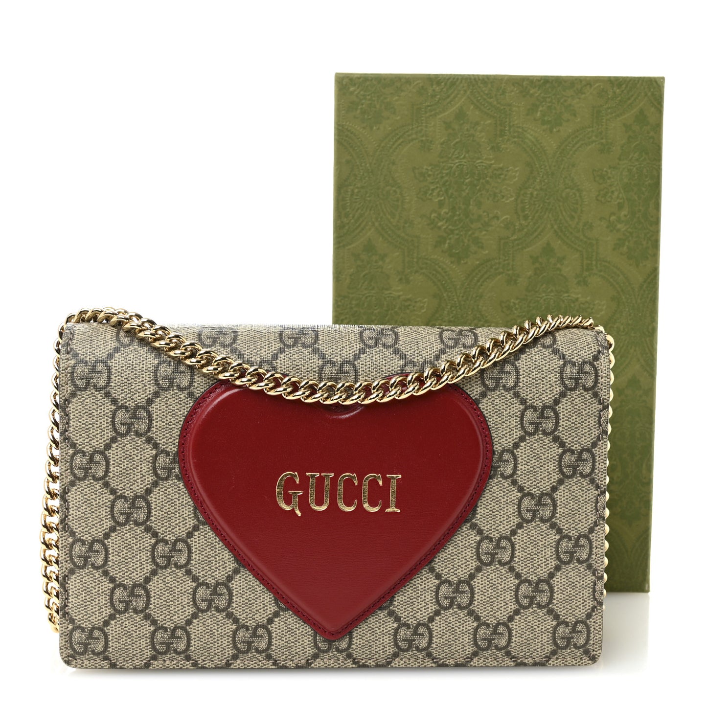 GG Supreme Monogram Script Logo Heart Wallet on Chain Beige Brown