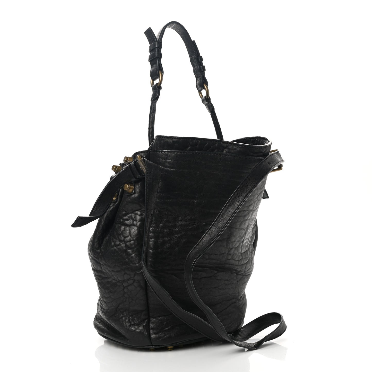 Pebbled Lambskin Diego Bucket Bag Black Antique Brass Hardware