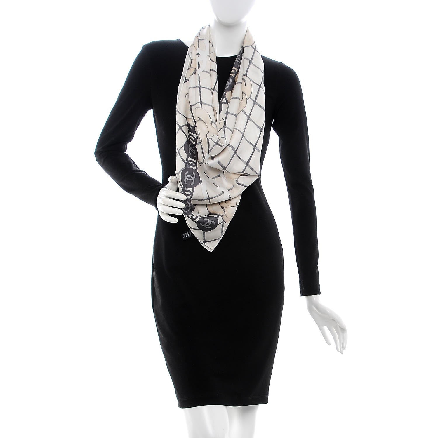 Chanel Silk CC Camellia Scarf Ivory Black 2 of 5