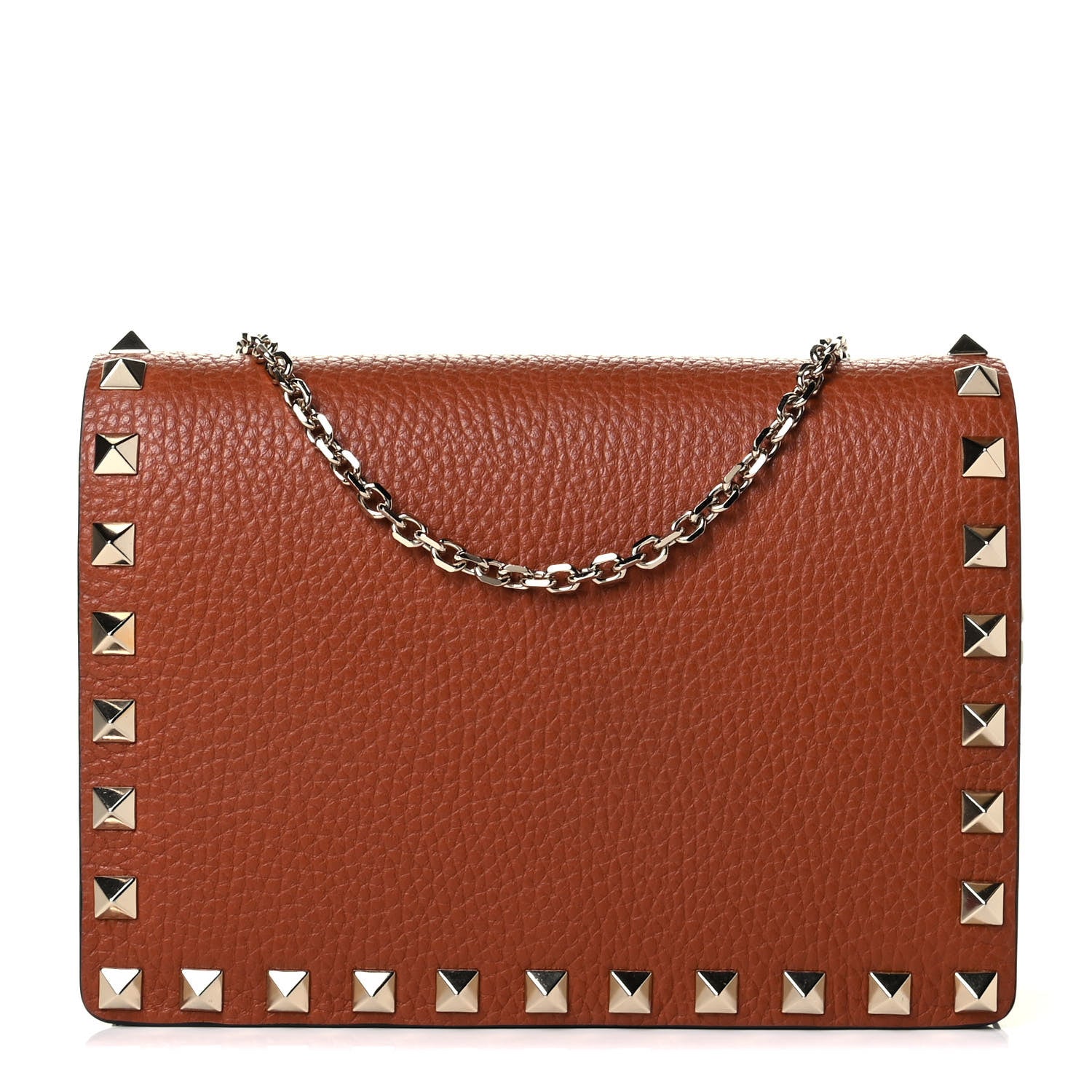 Valentino Garavani Pebbled Calfskin Rockstud Wallet on Chain Saddle Brown 1 of 5