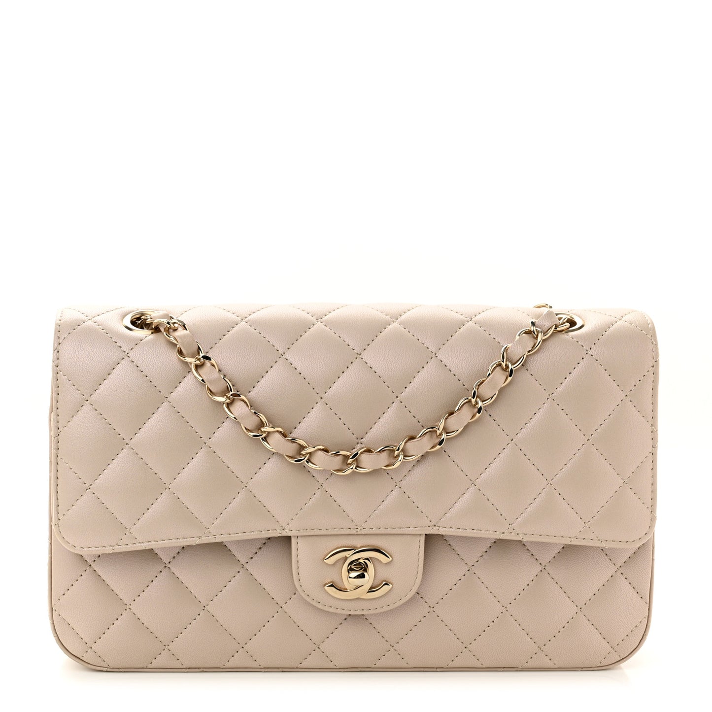 Iridescent Lambskin Quilted Medium Double Flap Light Beige
