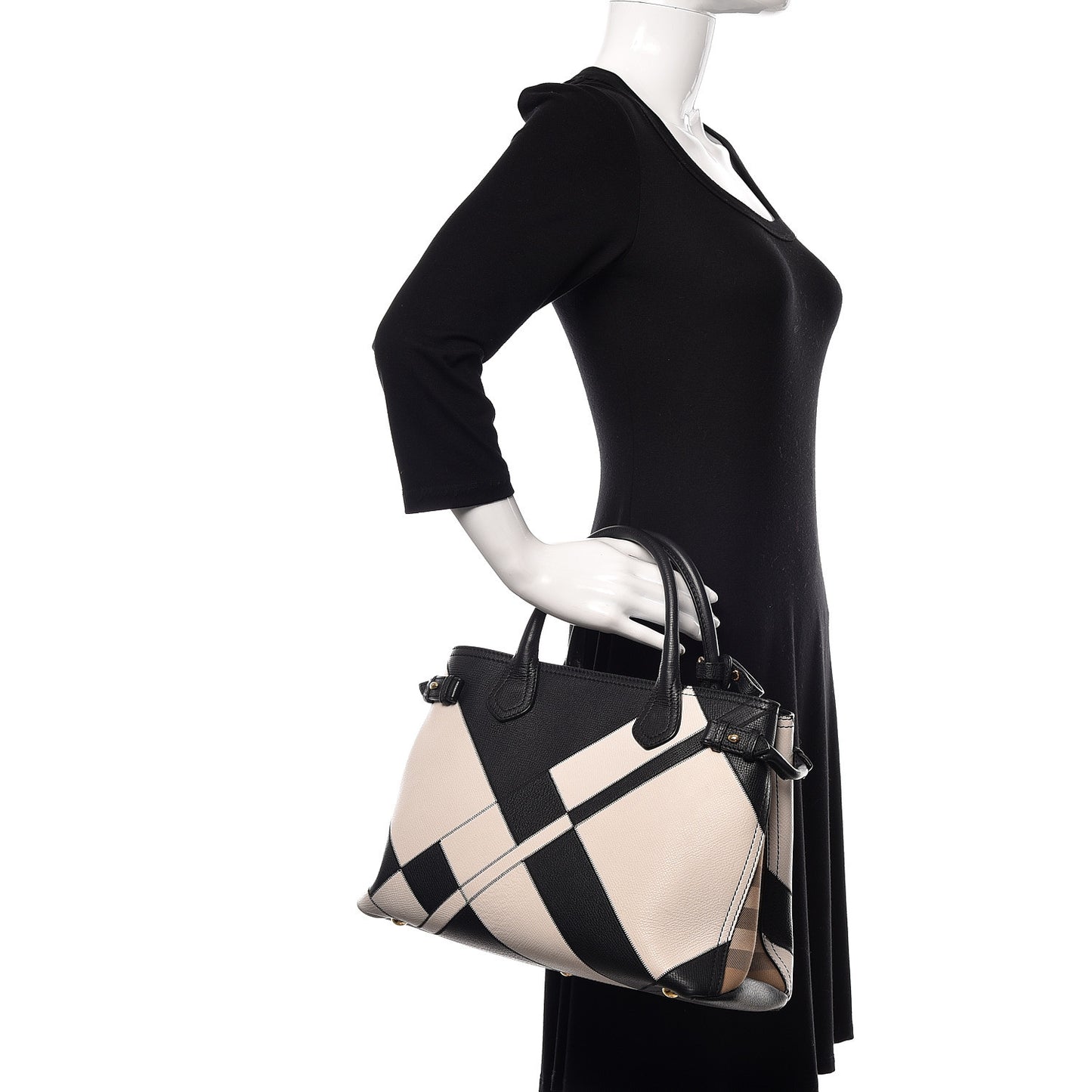 Grainy Calfskin Patchwork Medium Banner Tote Black White