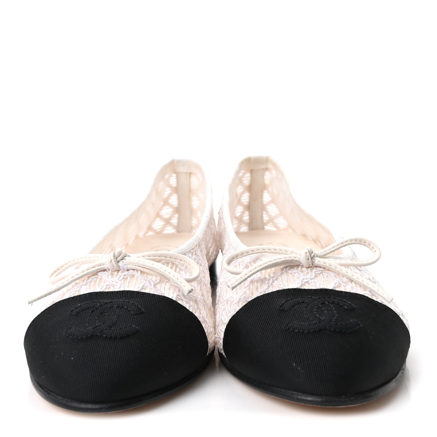 Chanel Mesh Crochet Grosgrain Cap Toe Ballerina Flats 36 White Black 3 of 9