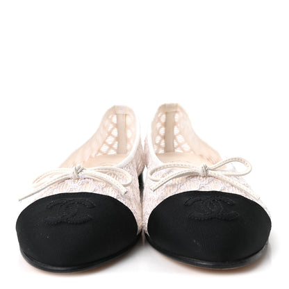 Chanel Mesh Crochet Grosgrain Cap Toe Ballerina Flats 36 White Black 3 of 9