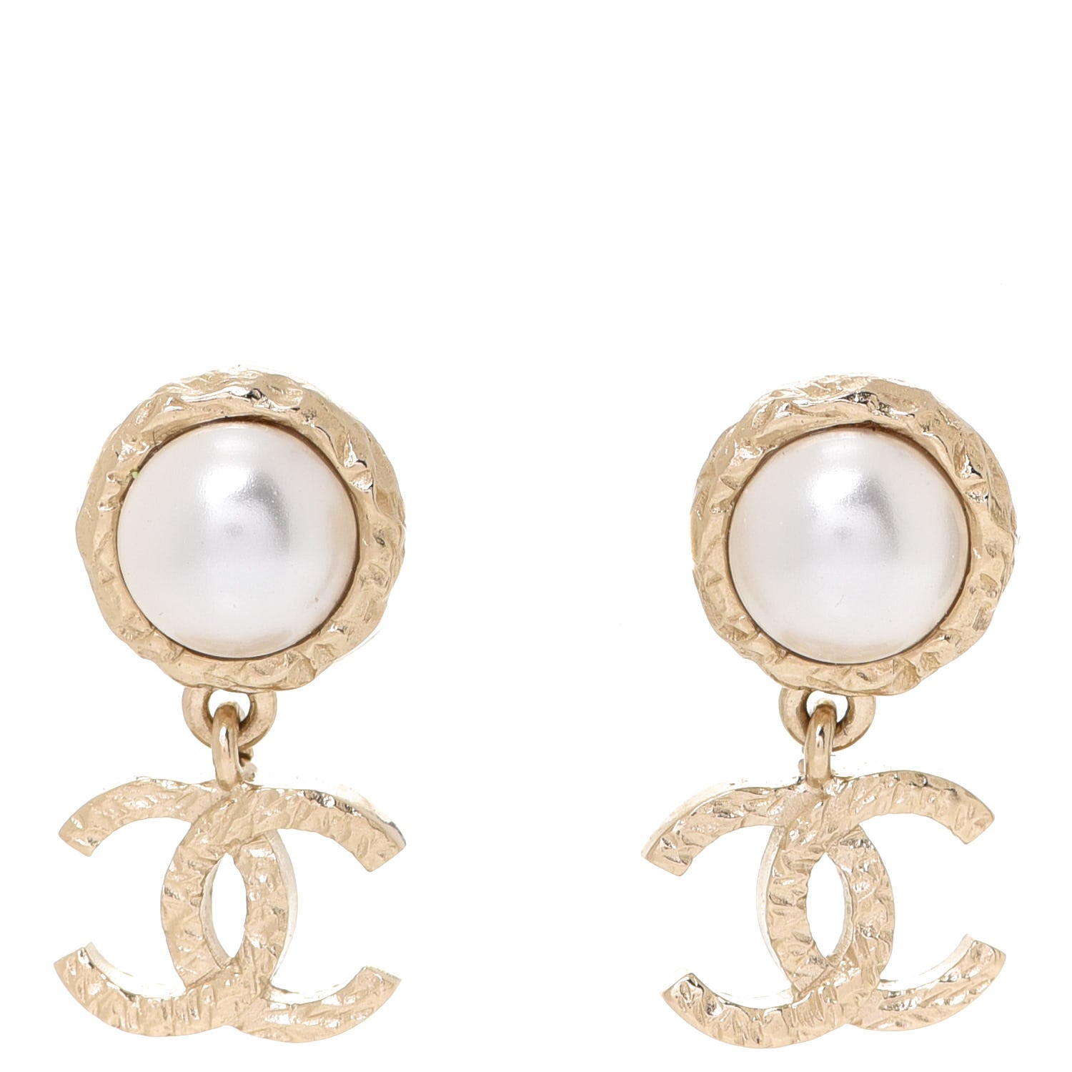 Chanel Pearl Hammered CC Drop Earrings Gold Pearly White 1 of 5