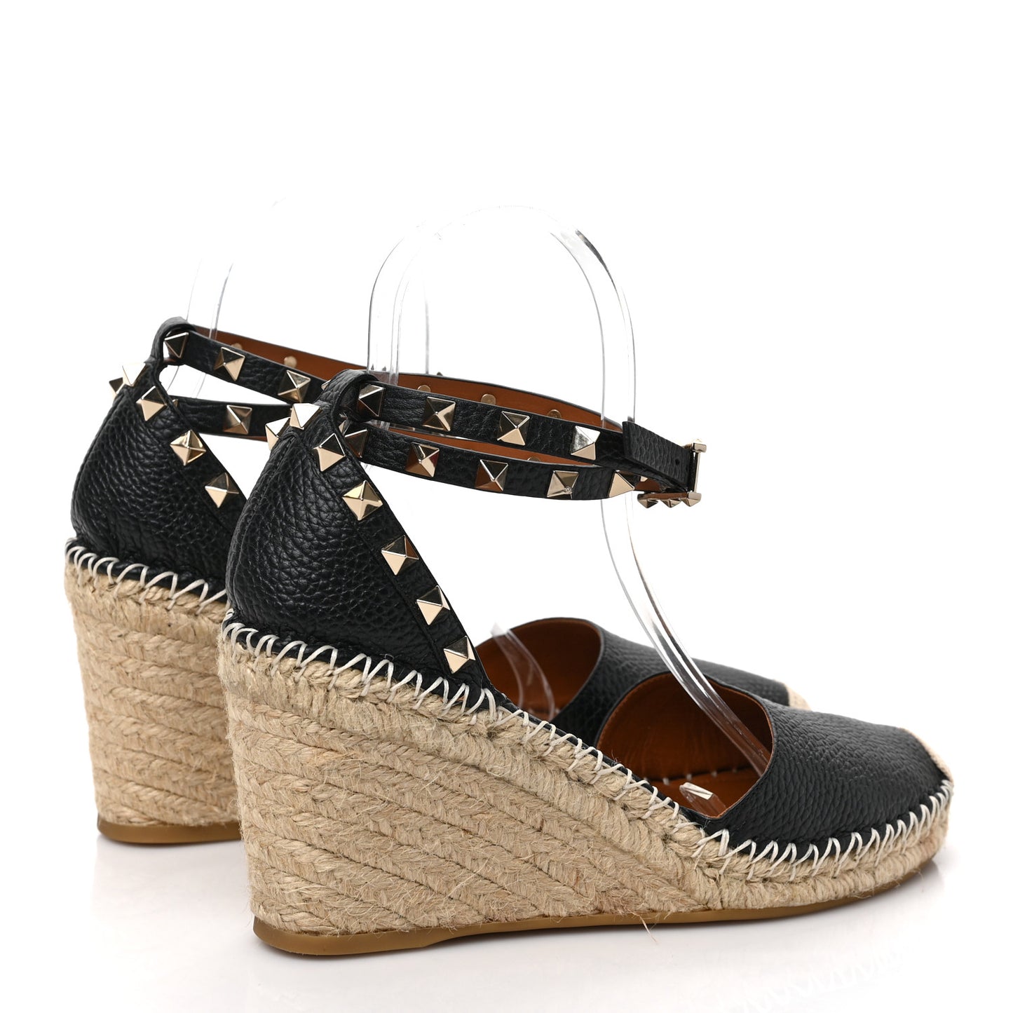 Grained Calfskin Rockstud Ankle Wrap Espadrille 15/85mm Wedges 38 Black Light Cuir