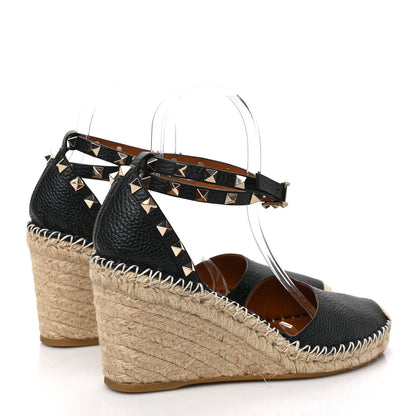 Valentino Garavani Grained Calfskin Rockstud Ankle Wrap Espadrille 15/85mm Wedges 38 Black Light Cuir 4 of 7
