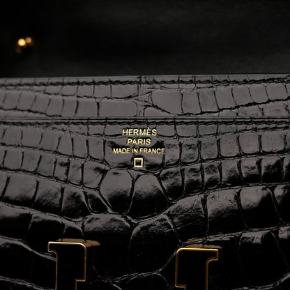 Hermes Shiny Alligator Enamel Constance Long Wallet To Go Black 7 of 8