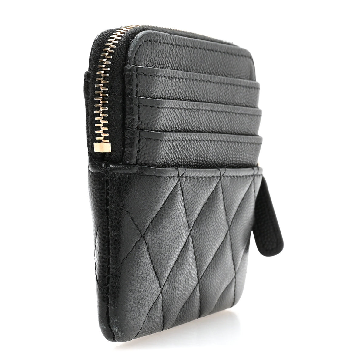 Caviar Quilted Crystal Zip Card Holder Wallet Black