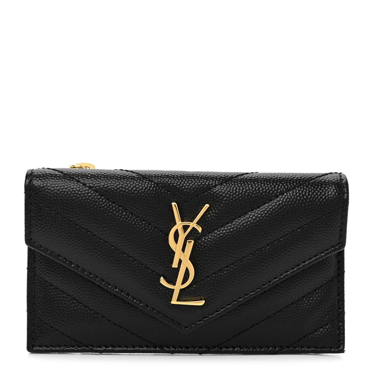 Saint Laurent SAINT LAURENT Grain De Poudre Matelasse Chevron Monogram Compact Wallet Black 1 of 14