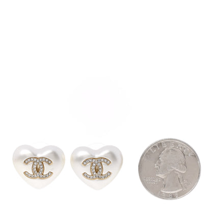 Chanel Pearl Crystal CC Heart Earrings Gold 2 of 5