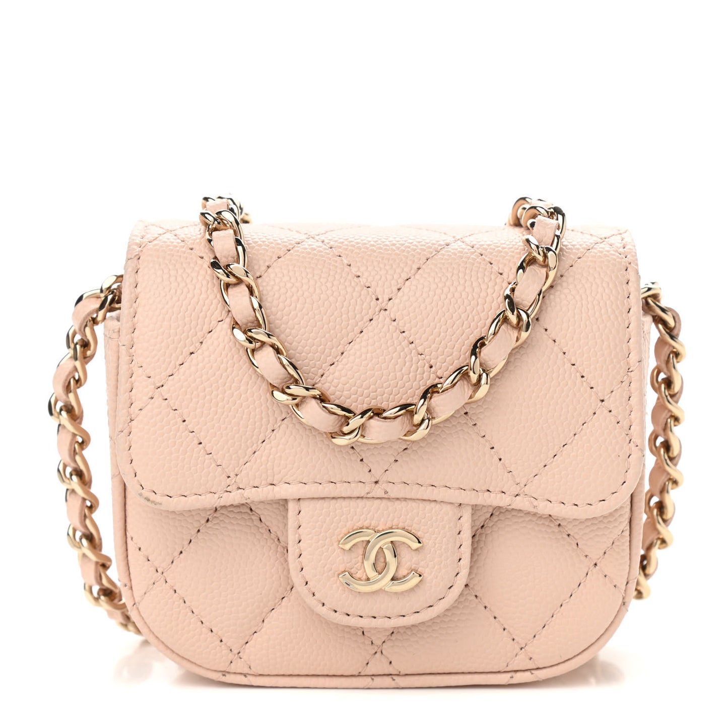 Caviar Quilted Mini Clutch With Chain Light Beige
