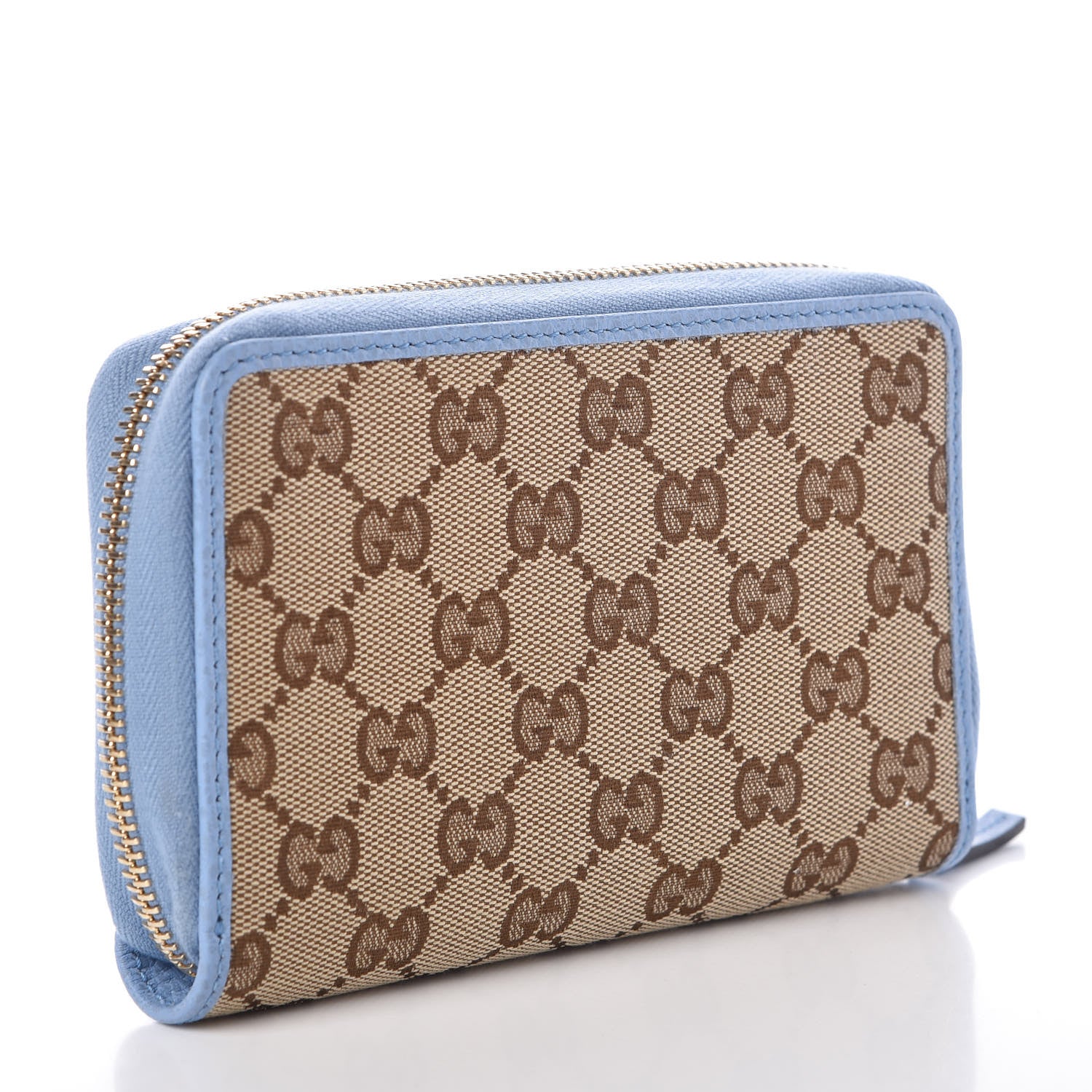Gucci Monogram Dollar Calfskin Zip Around Compact Wallet Beige Ebony Mineral Blue 3 of 7
