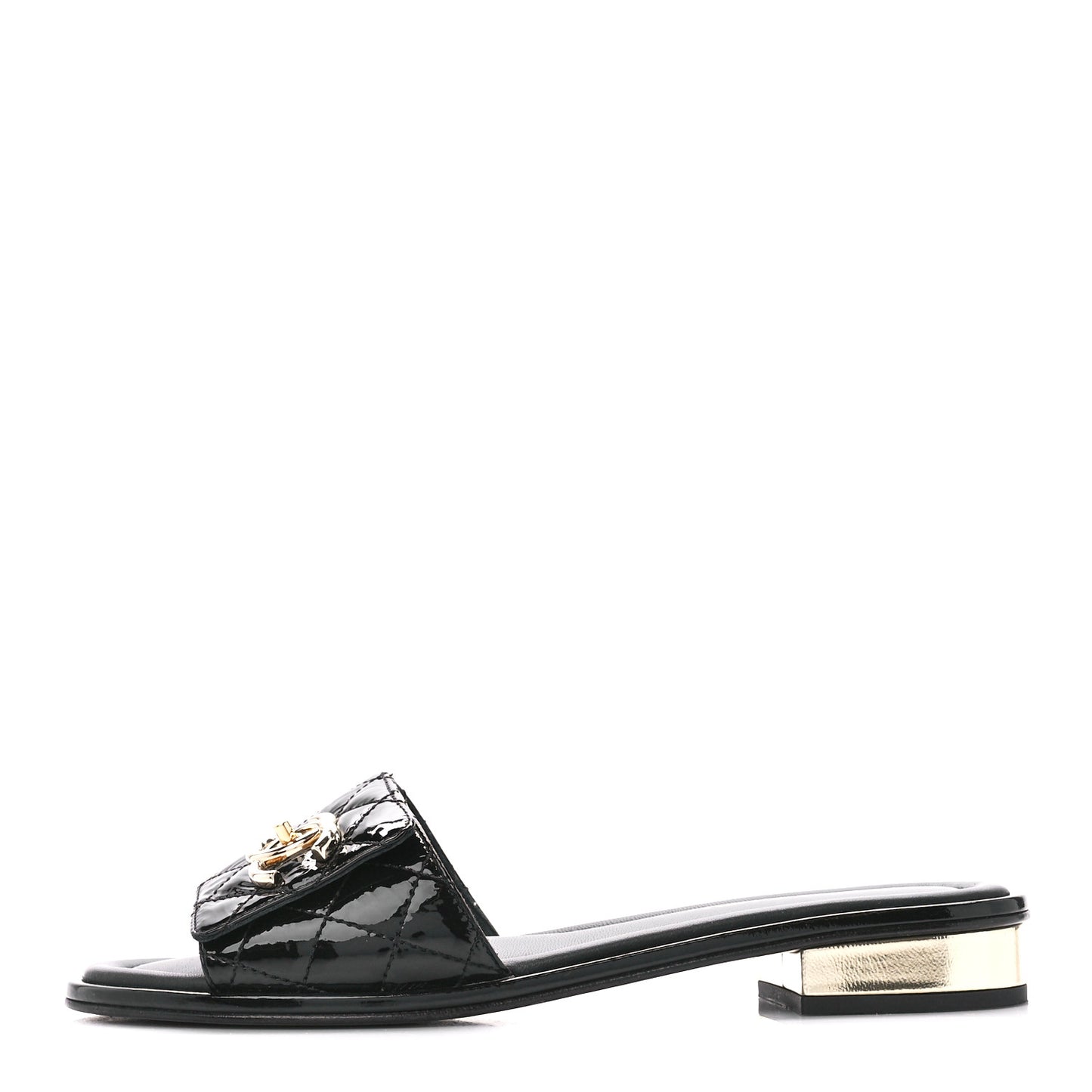 Patent Goatskin Quilted CC Mules Sandals 37 Black
