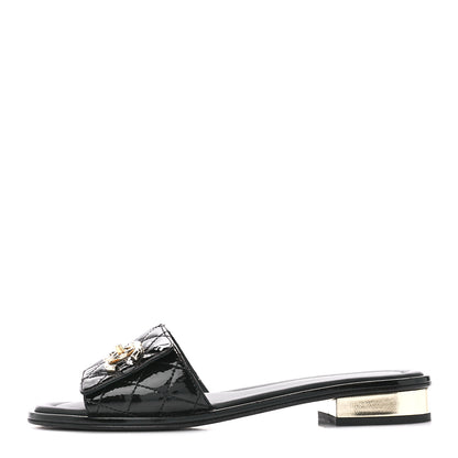 Chanel Patent Goatskin Quilted CC Mules Sandals 37 Black 1 of 11